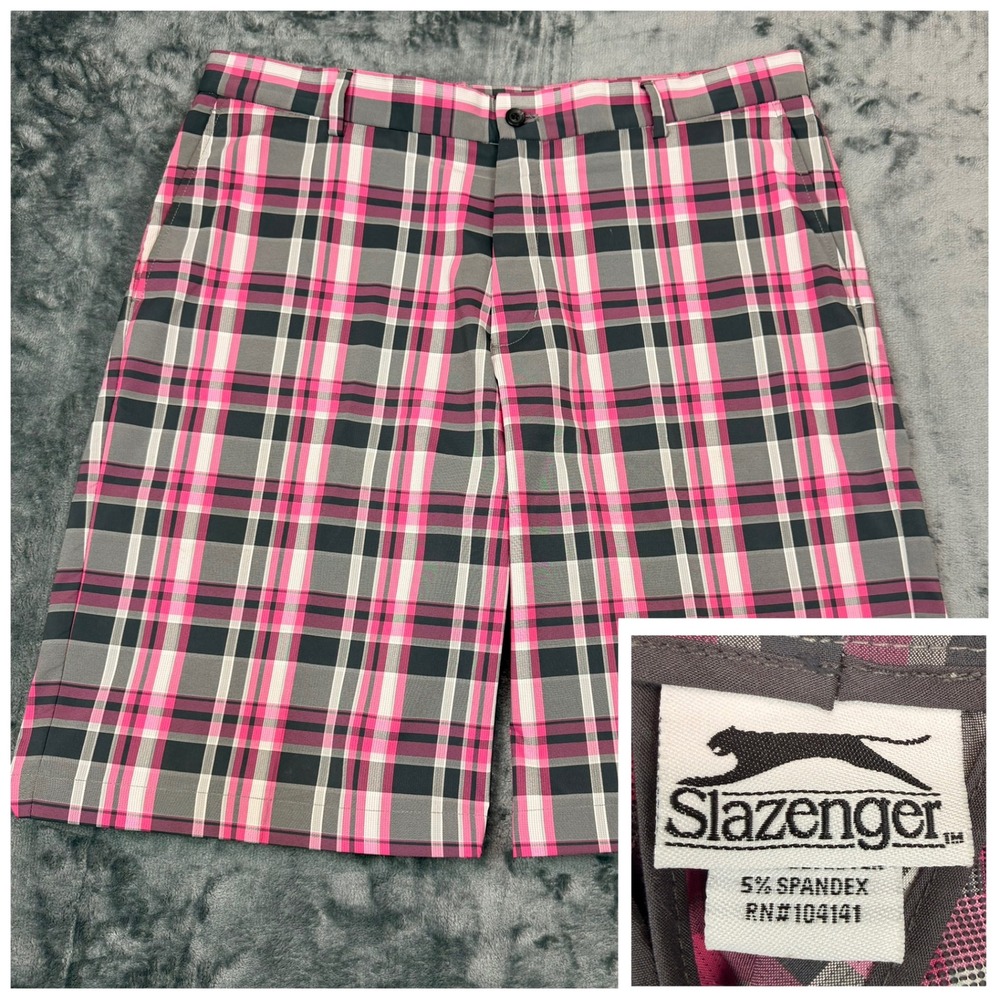 Slazenger Golf Shorts Men 36 Gray Pink Plaid Performance Stretch Flat Front Golf